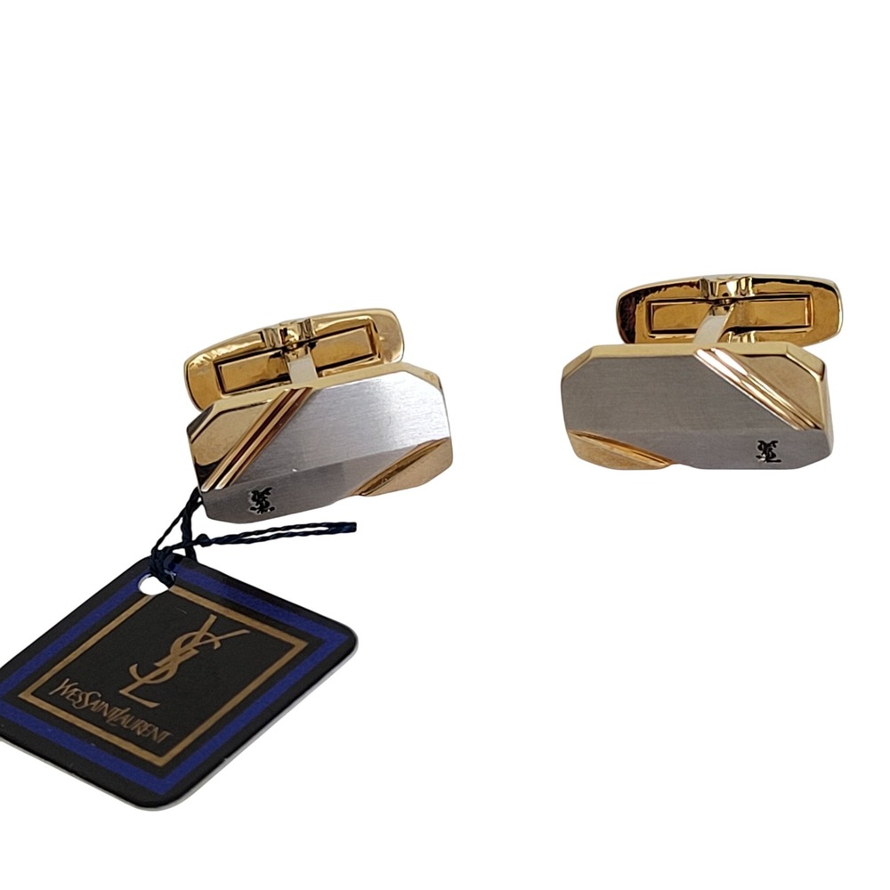 Yves Saint Laurent YSL Vintage Two Tone Gold Silver Geometric Cufflinks NWT